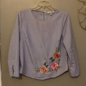 Navy striped floral embroidered blouse
